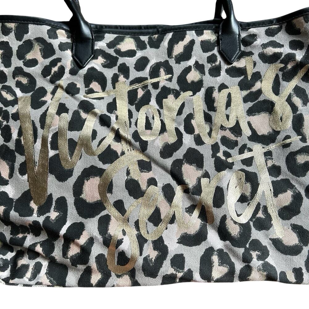 Victorias Secret Leopard Tote Bag Gold Logo Canvas Large Weekender Shoulder - Picture 3 of 4